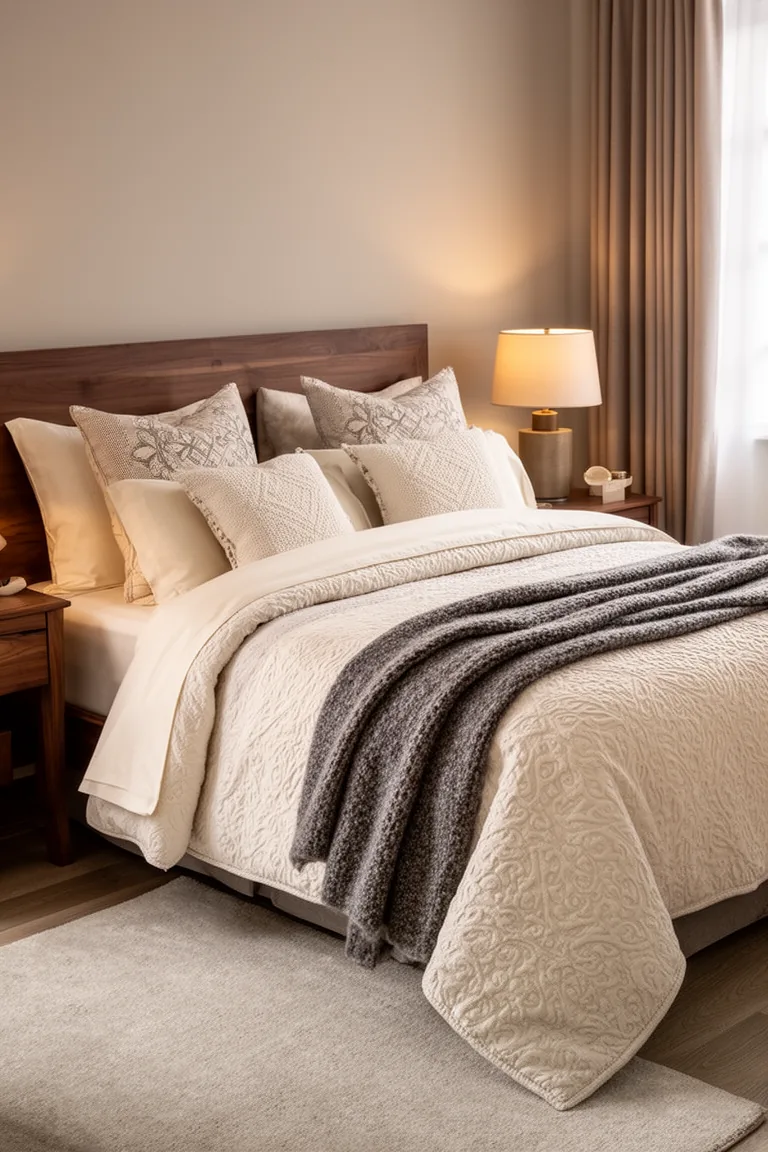 Serene bedroom with tonal ivory and cream bedding layers