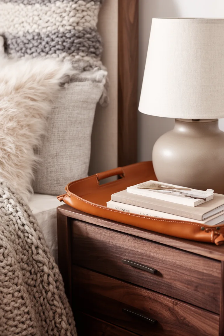 Caramel leather tray and ceramic lamp on a neutral nightstand