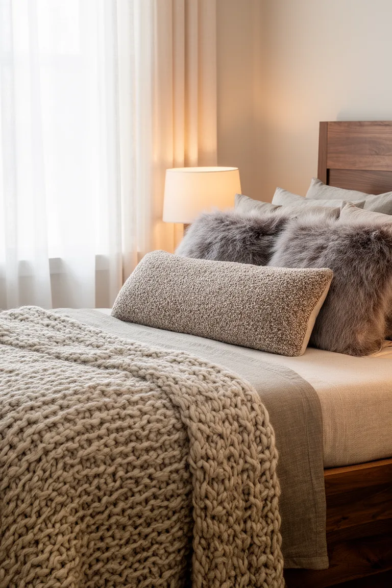 Bed layered with chunky knit throw and boucle lumbar in morning light