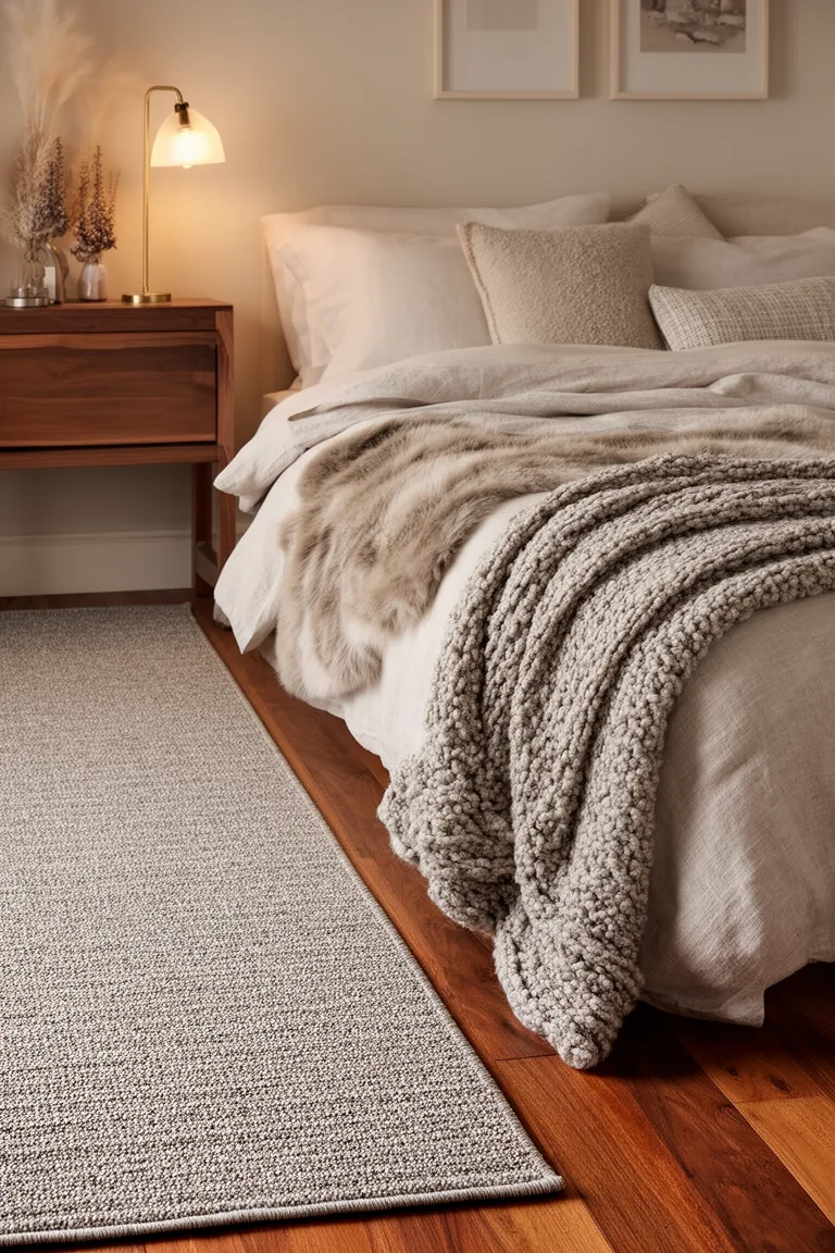 Low-pile neutral runner rug beside a bed with linen bedding
