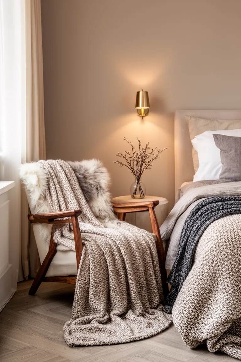 Calm bedroom corner with cashmere blanket and dried winter stems