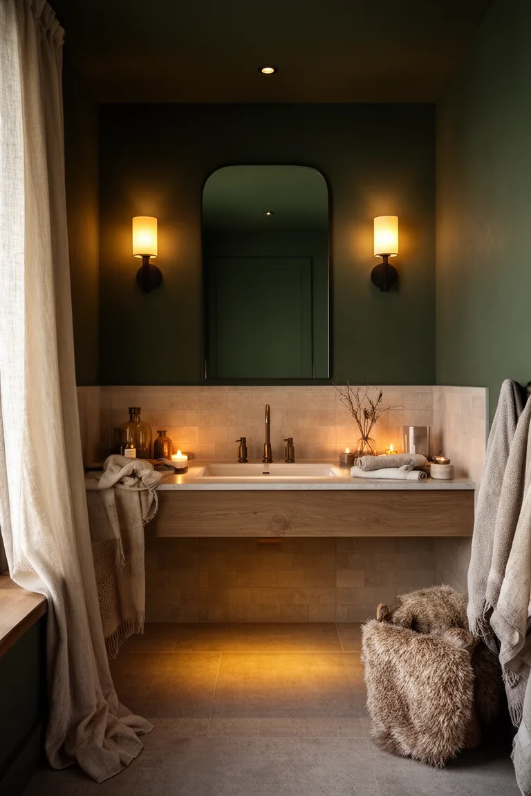 Warm sconces flanking a mirror with a soft golden bathroom glow