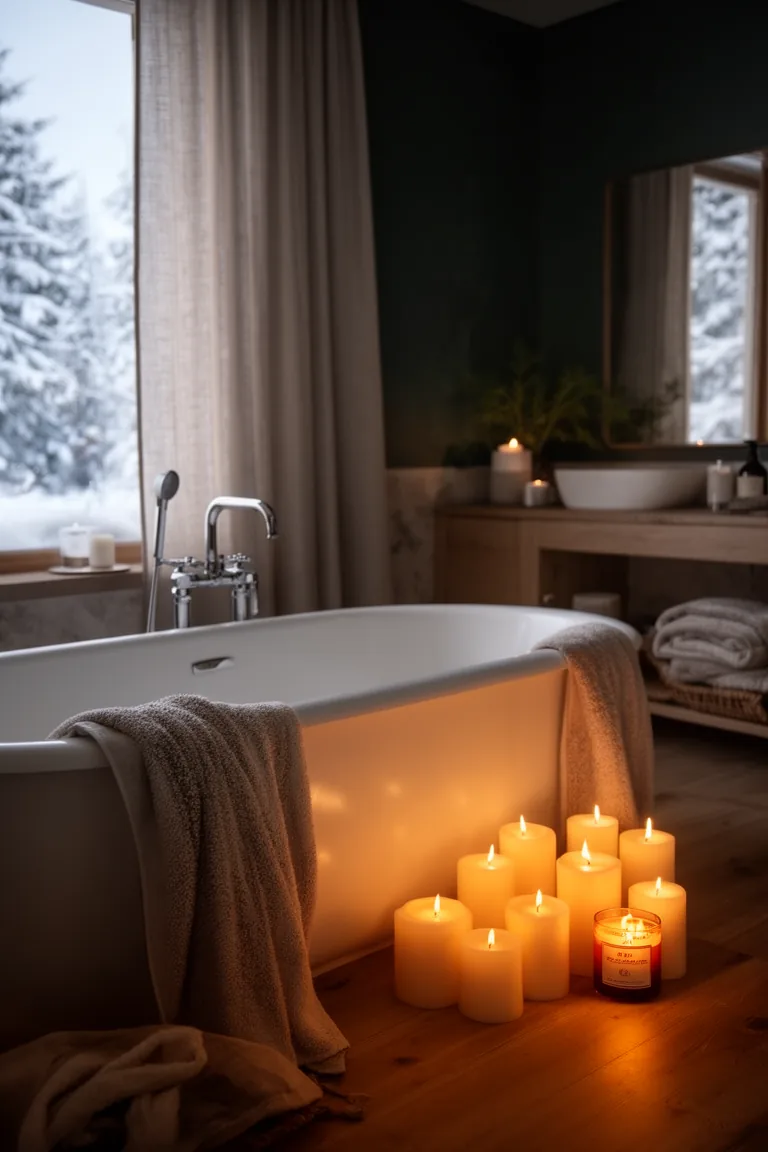 Candle cluster glowing near a freestanding tub in low warm light