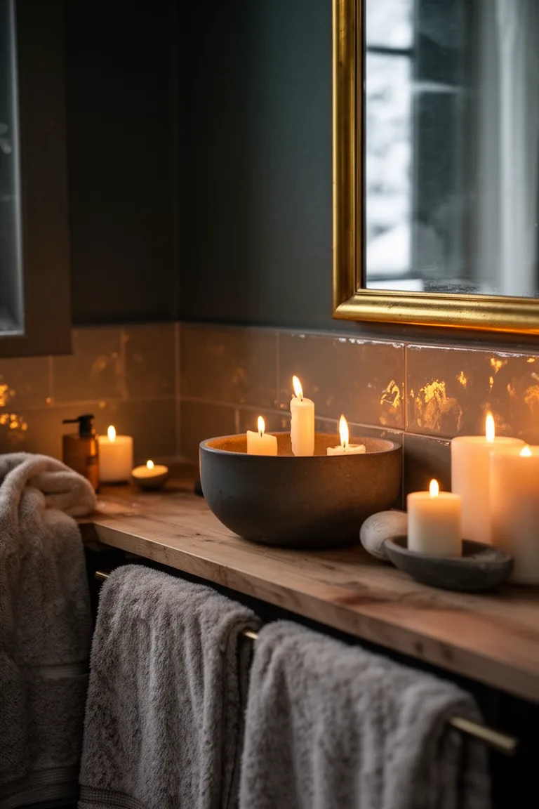 Close up of candlelight reflected on tile and a brass mirror frame