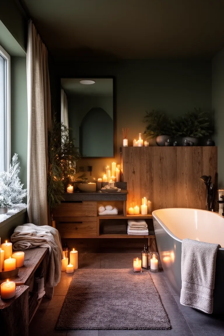 Relaxing winter bathroom in layered soft warm lighting with candles