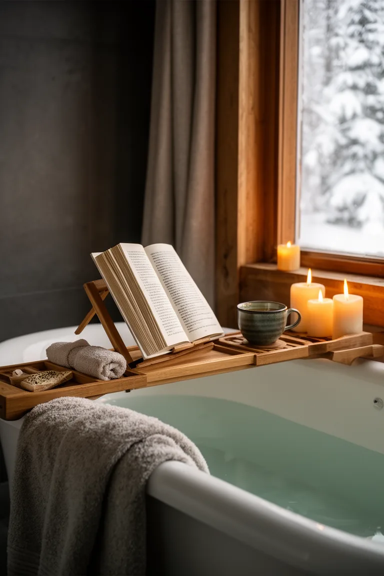 Wooden bath caddy with book stand, towel and tea cup in warm candlelight
