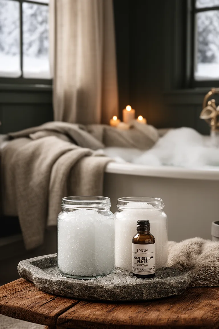 Glass jars of epsom salts and oil on a stone tray by a tub