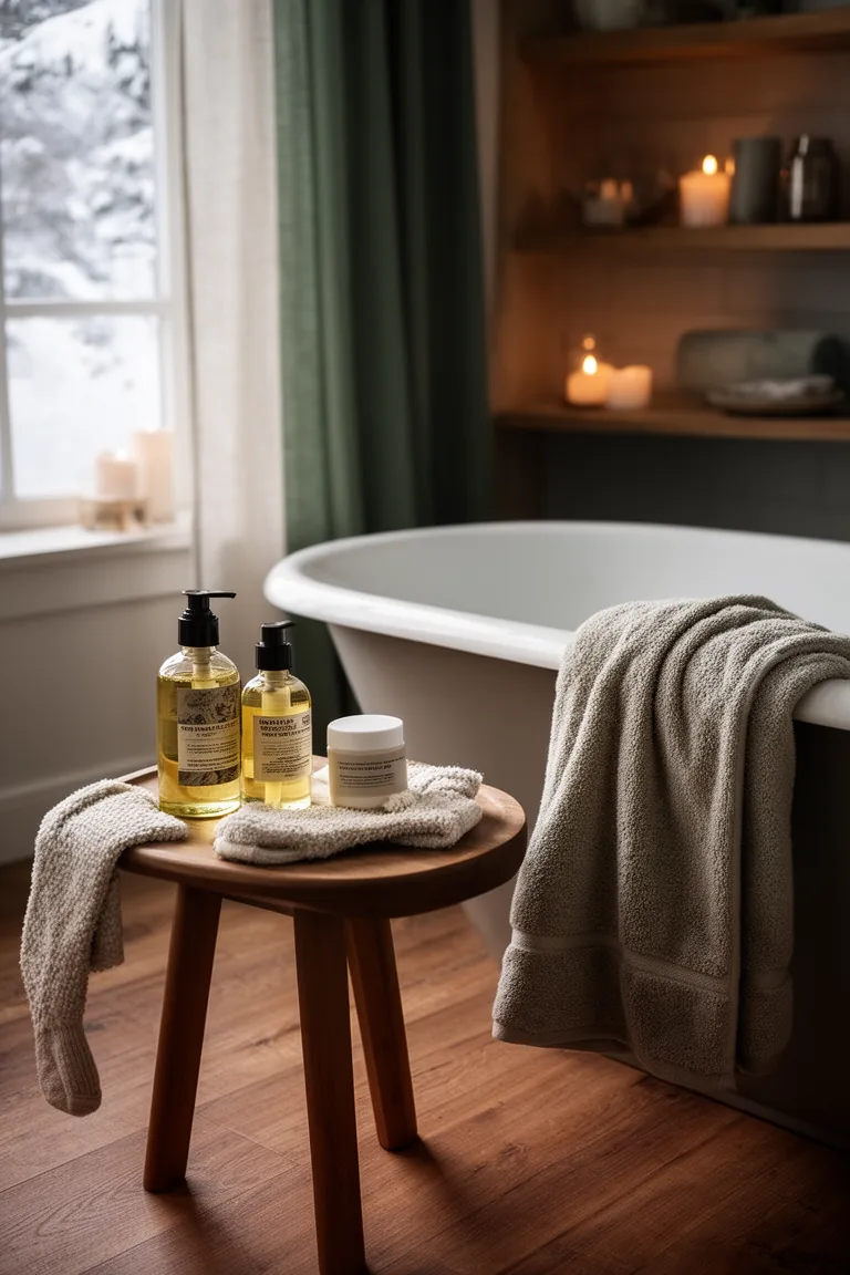 Side table with body oil, balm, cozy socks and a soft hair towel by a tub