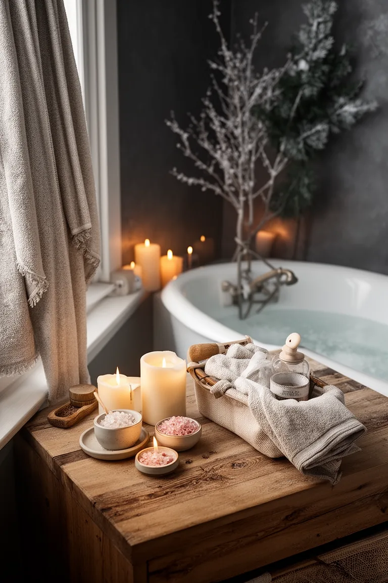 Inviting winter bath ritual station with candles, salts and a caddy