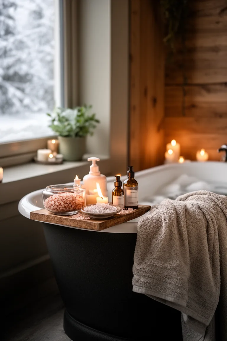 Serene candlelit tub set for a winter soak with salts and a folded towel