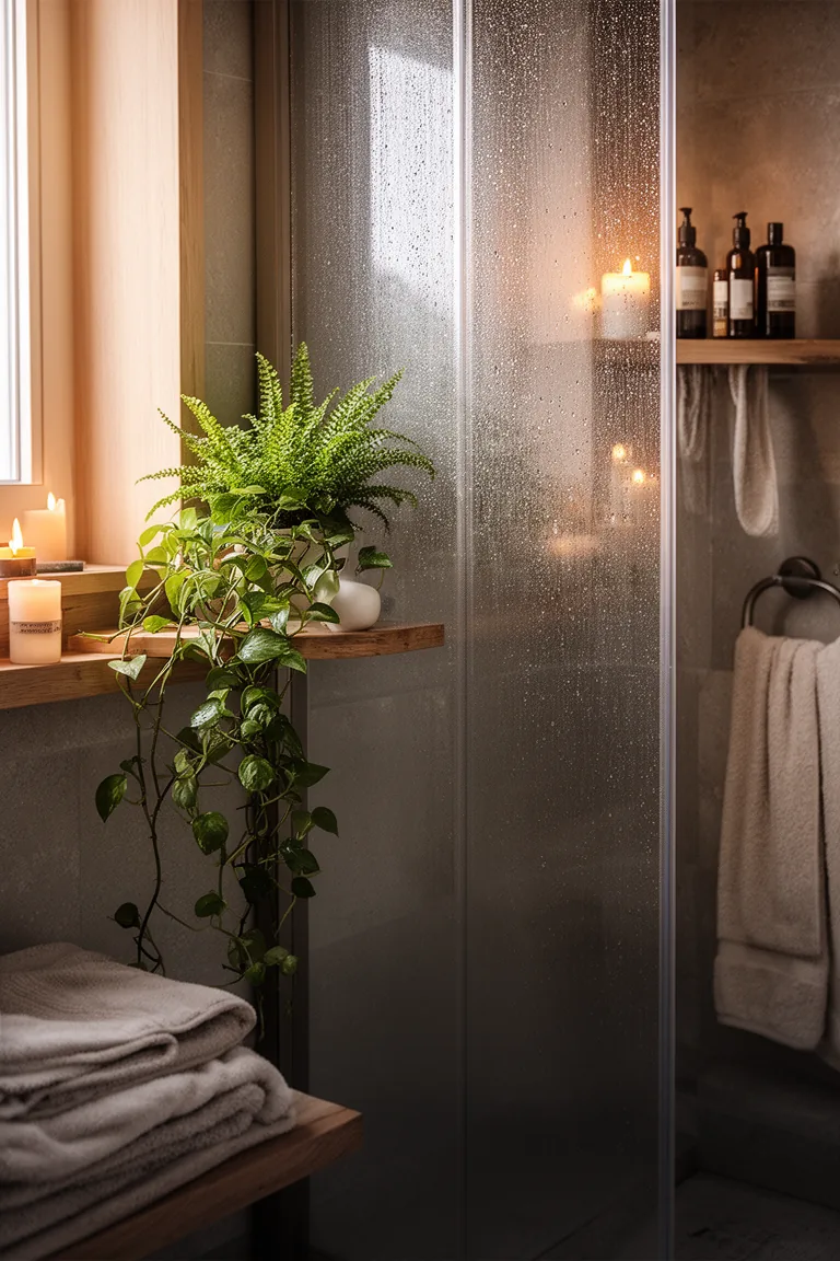 Small fern and trailing pothos thriving on a misty shower shelf