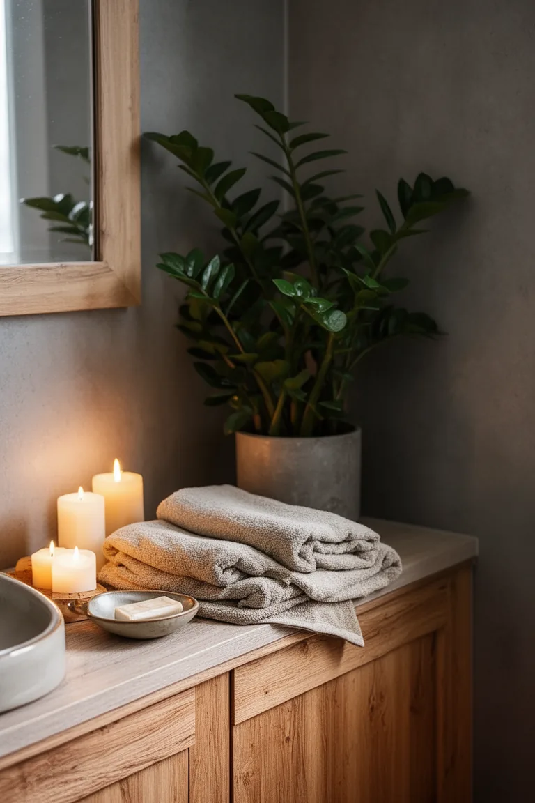 ZZ plant on a vanity corner beside folded towels and a ceramic dish