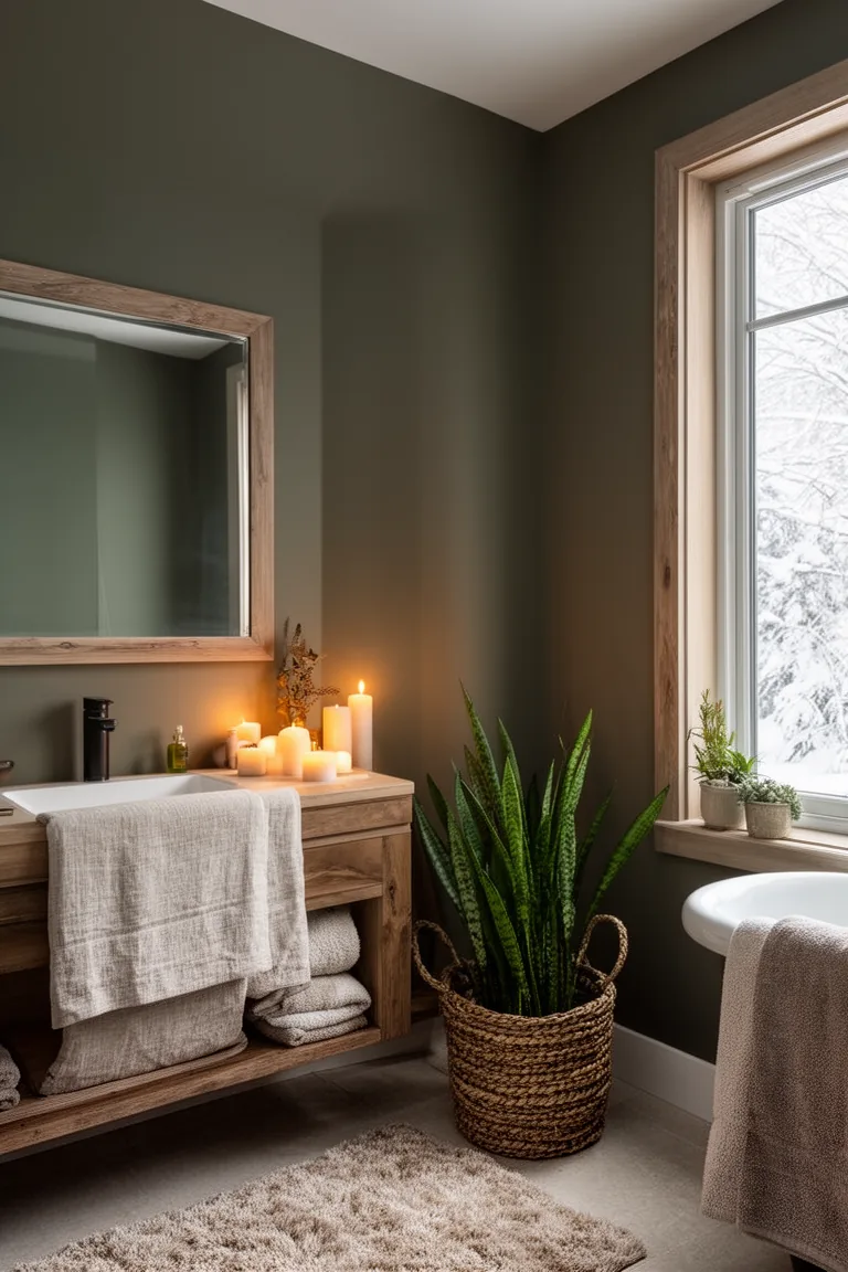 Snake plant in a woven basket planter in a serene neutral bathroom