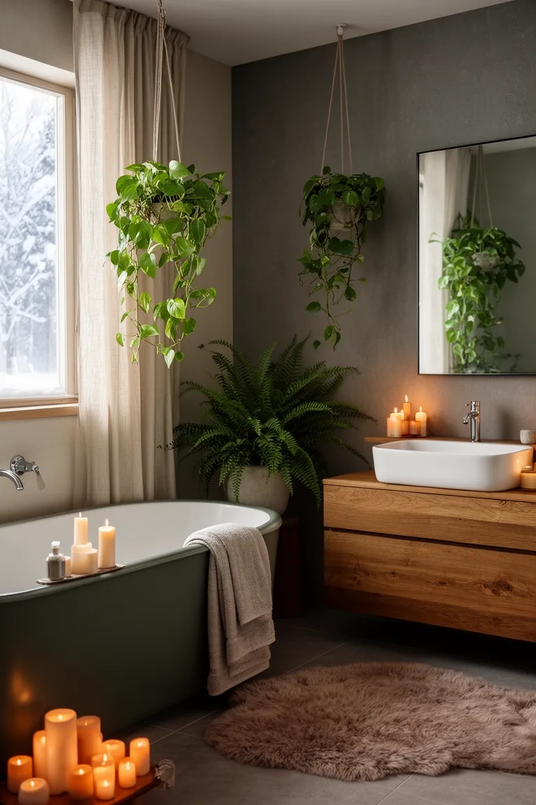 Winter bathroom layered with pothos and ferns among neutral textures