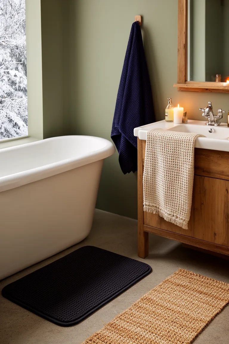 Cozy bathroom corner with layered charcoal mat, oat runner and navy waffle towels