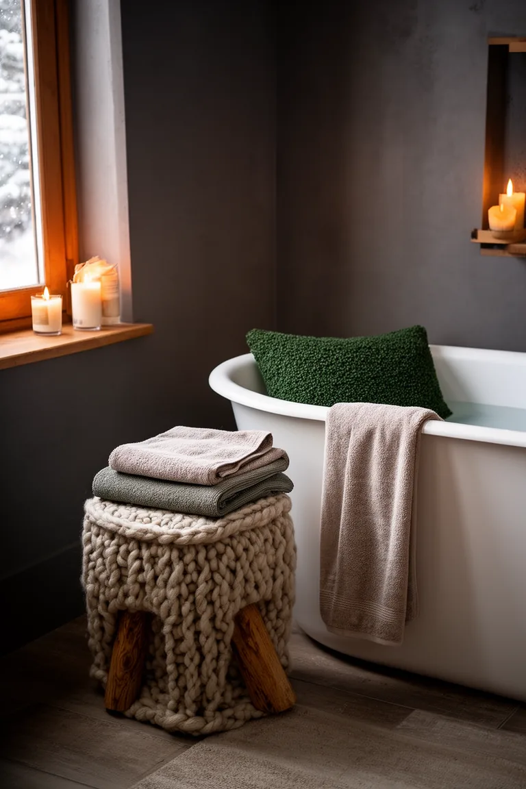 Wooden stool with knit cover, plush towels and a boucle cushion by the tub