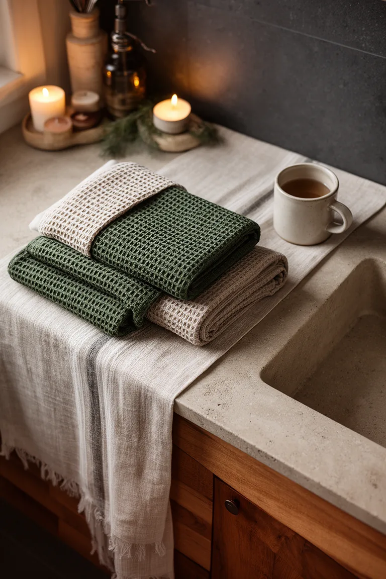 Overhead flat lay of waffle towels, linen and a ceramic mug on stone