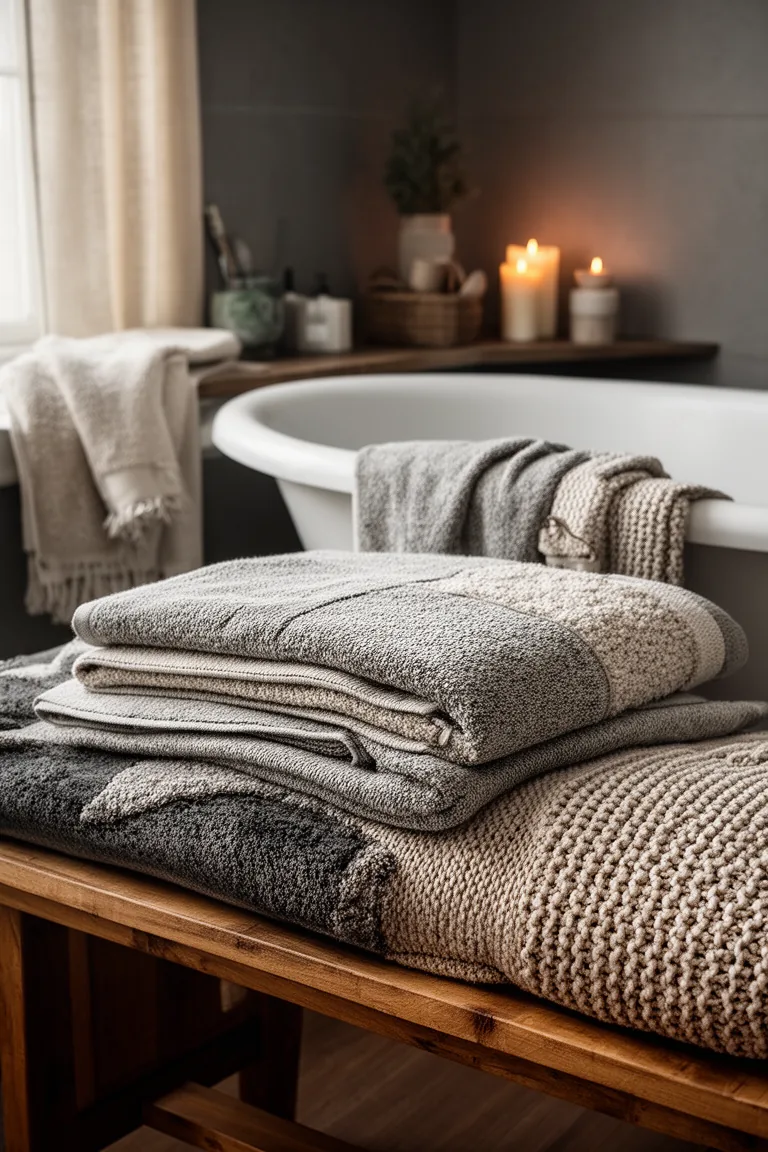 Close up of Turkish cotton, boucle and knit textures in winter neutrals