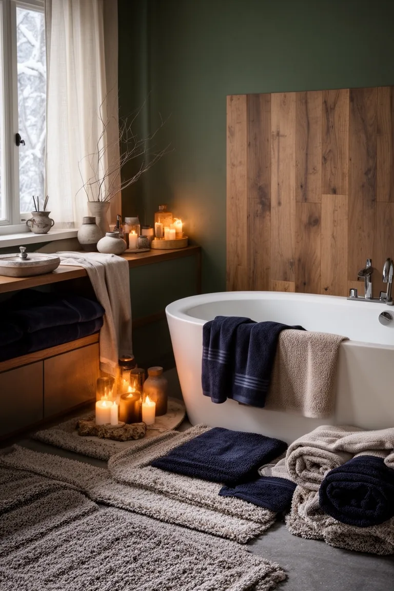 Serene winter bathroom layered with rugs, towels and soft textiles