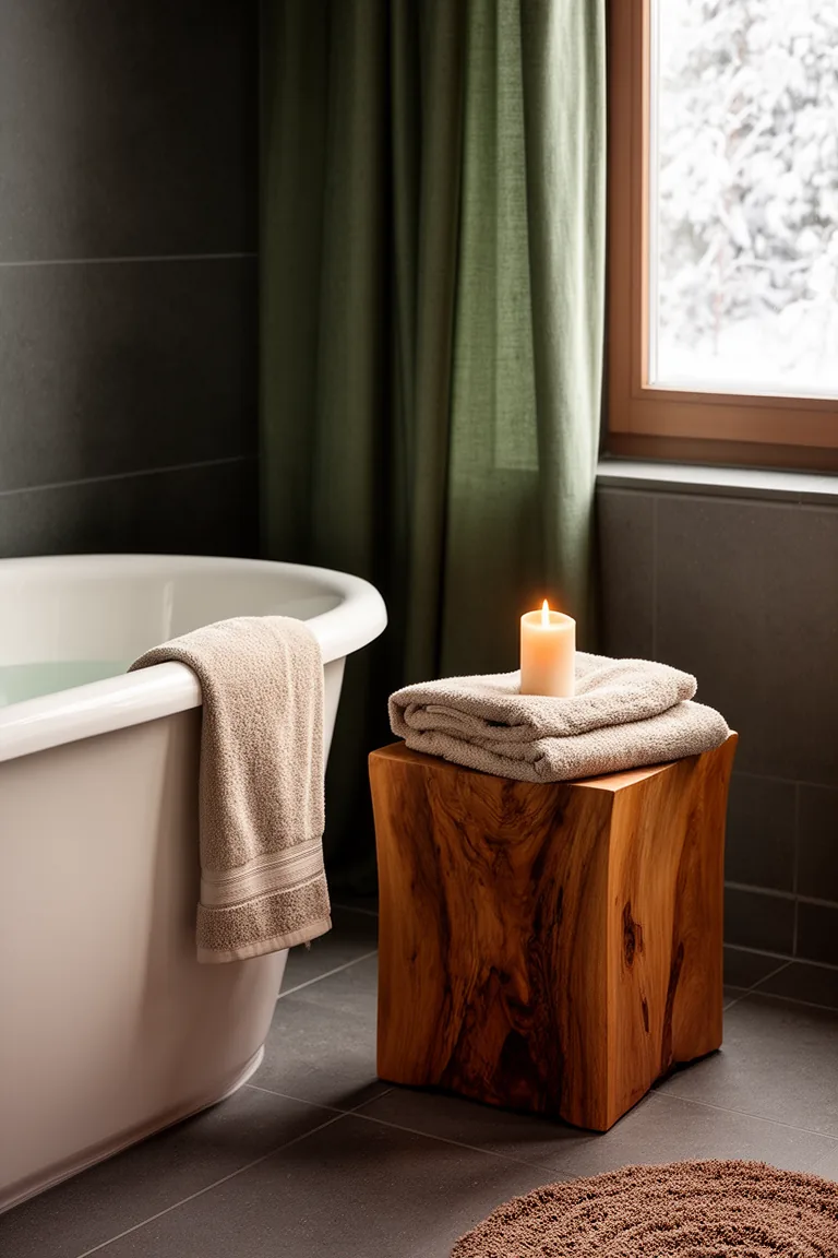 Teak stool with folded towel and candle beside a soaking tub