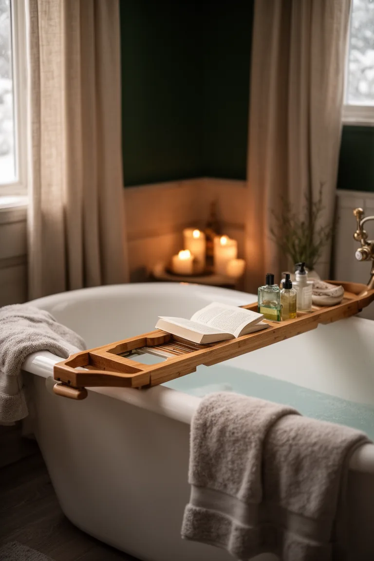Wooden bath caddy across a tub with a book slot and glass notch