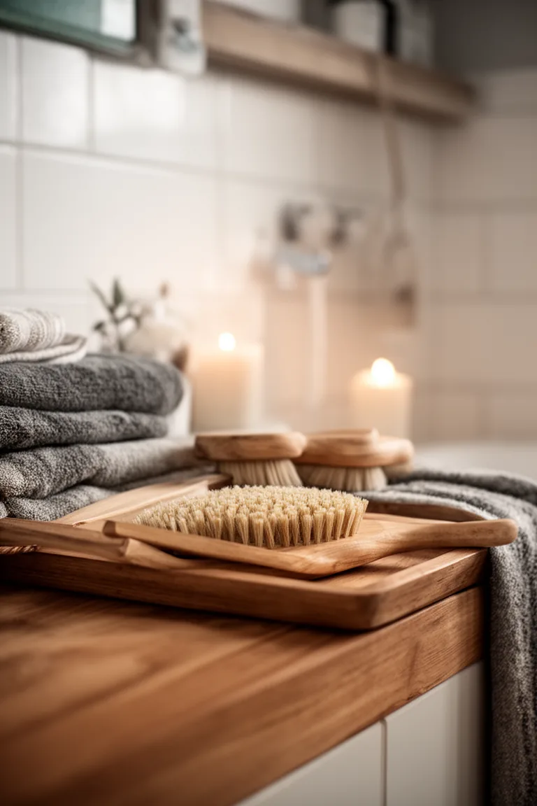 Close up of teak tray and wood-handled brush against white tile