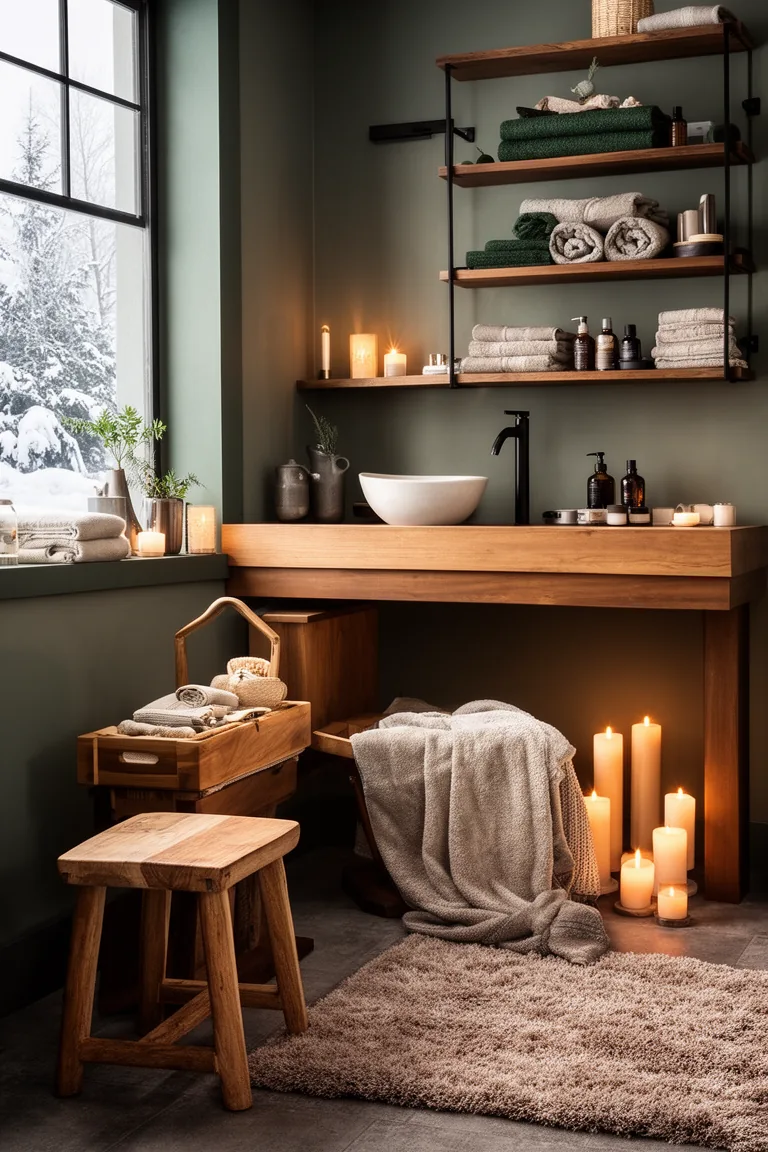 Cozy winter bathroom softened with layered warm wood accents