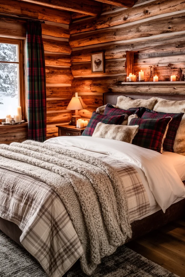 Ski-chalet bed with ivory flannel sheets, wool blanket and plaid quilt