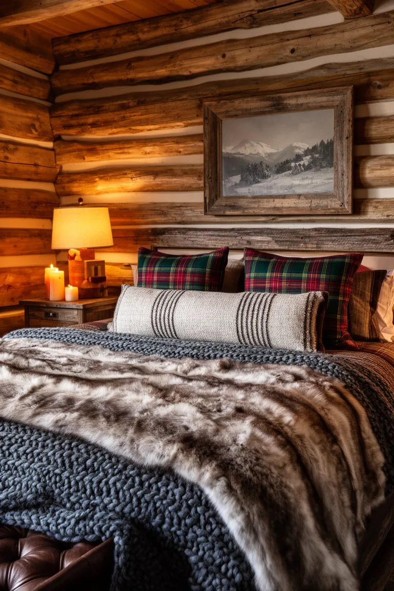 Cabin bed with faux-fur blanket, lumbar pillow and euro shams in lamplight