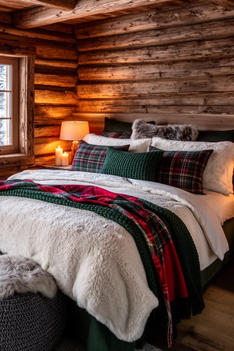 Layered alpine bed in ivory, stone and forest green with a warm lamp glow
