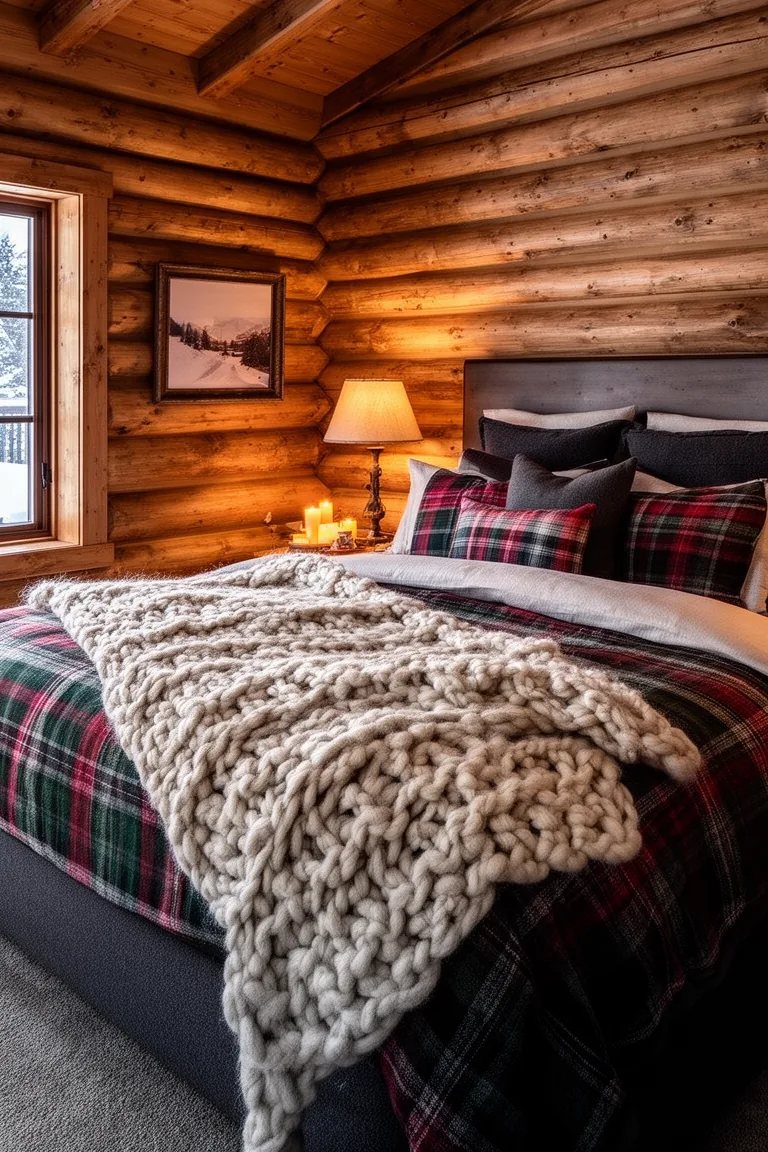 Plush winter bed with a chunky knit throw over flannel bedding in a wood cabin