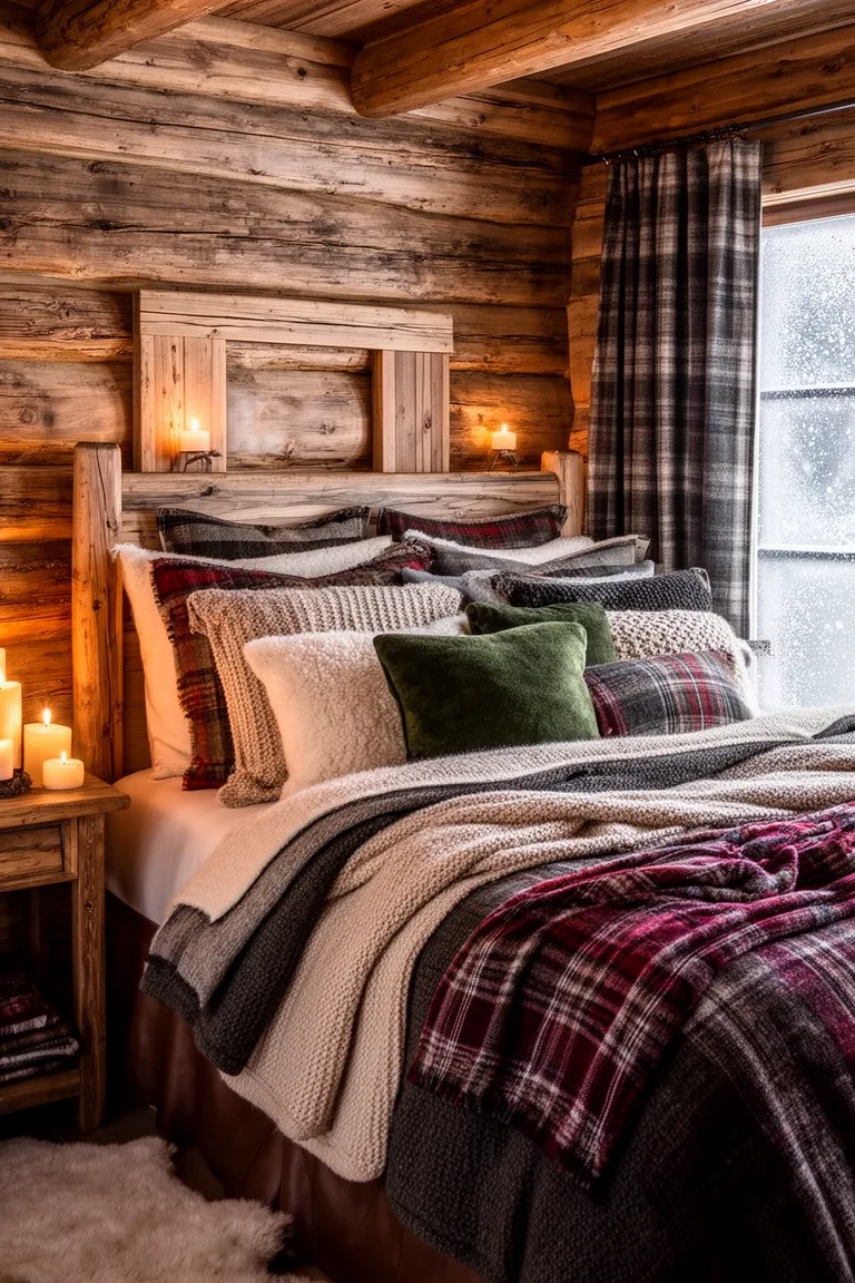 Snug chalet bed with mixed plaid and wool layers and stacked pillows by a window
