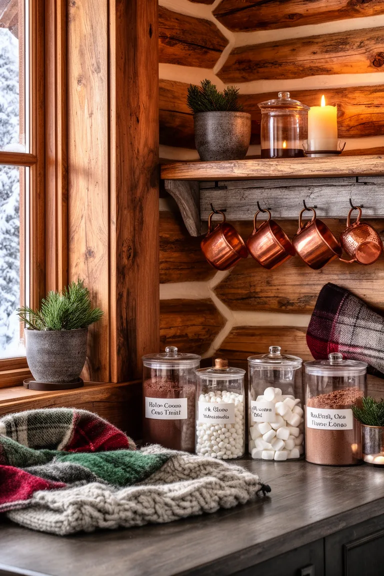 Glass canisters of cocoa, tea and marshmallows beside copper mugs on hooks