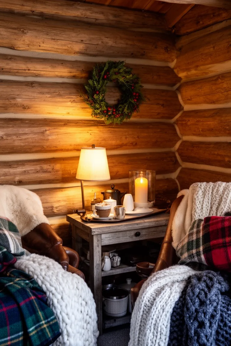 Petite lamp over a cocoa station with a candle and a mini wreath above