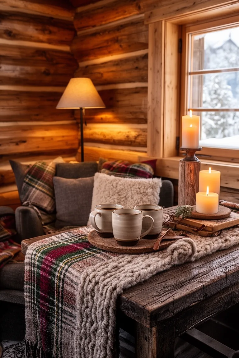 Cozy cabin coffee corner with a wool runner, ceramic mugs and morning light