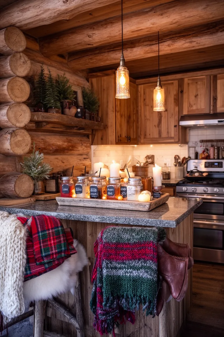 Inviting hot drink station with labeled jars, wood tray and warm glow