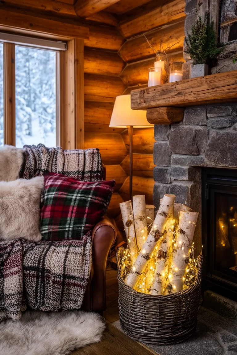 Basket of birch logs with warm fairy lights glowing like embers