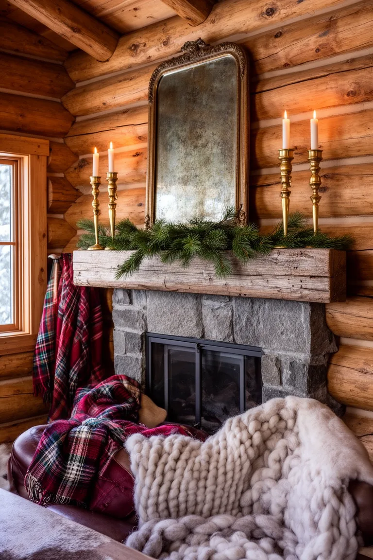 Mantel ledge with brass candlesticks, pine garland and a vintage mirror