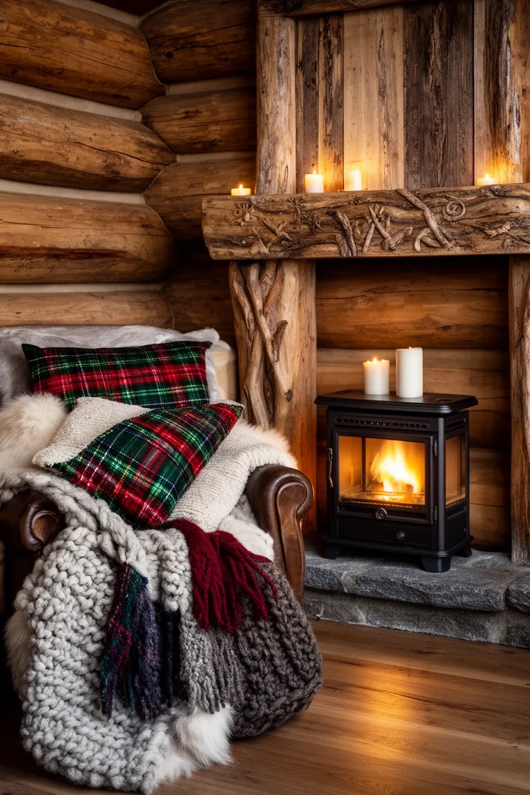 Electric stove-style heater casting warm light beside a carved wood surround