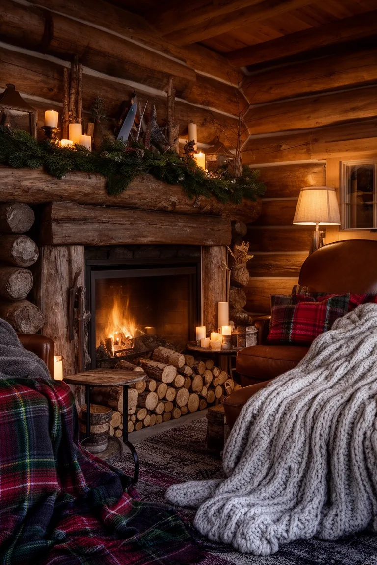 Faux fireplace vignette with stacked logs, candles and greenery in evening light