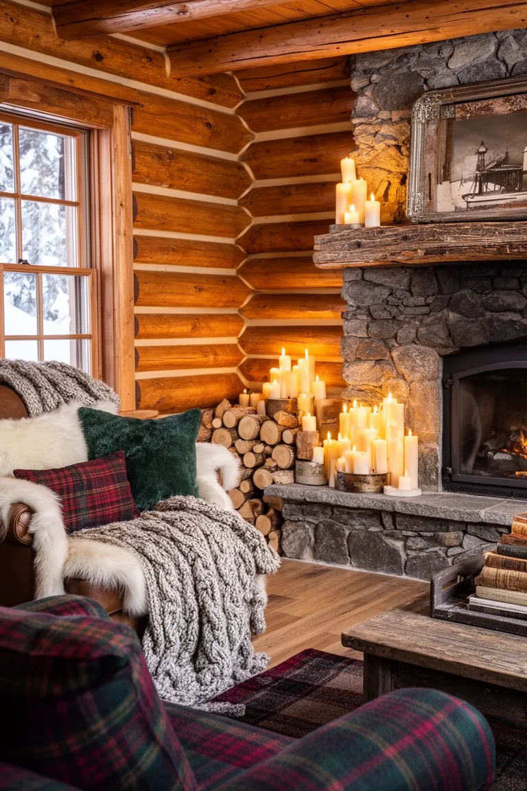 Focal shelf styled as a hearth with logs, candles and a thrifted mantel
