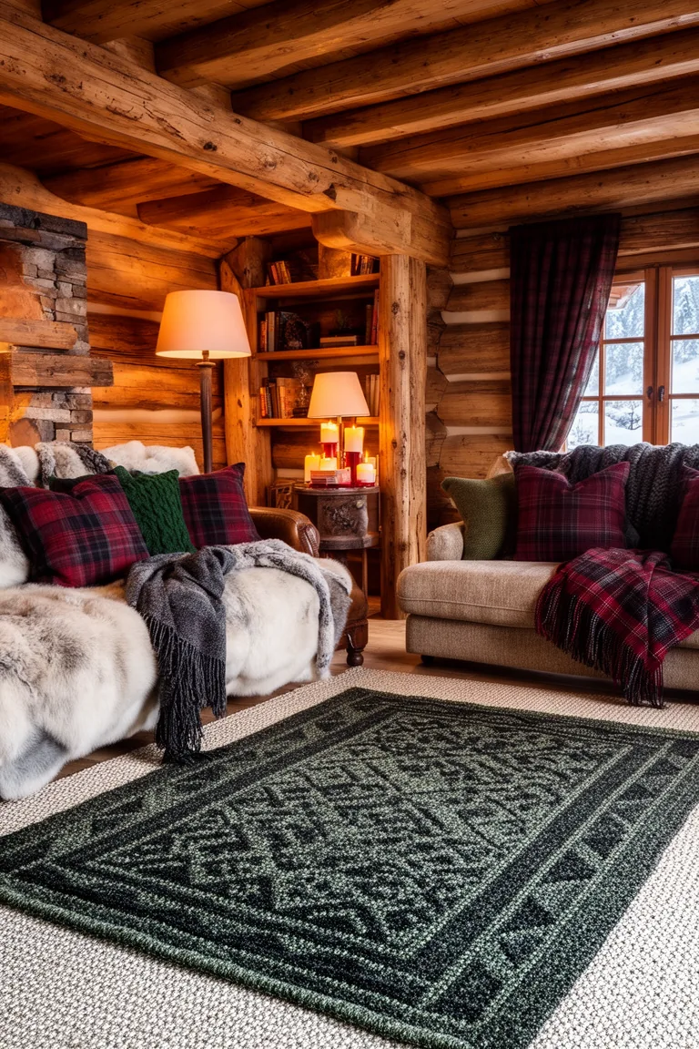 Oatmeal jute rug topped with a charcoal and moss patterned wool rug