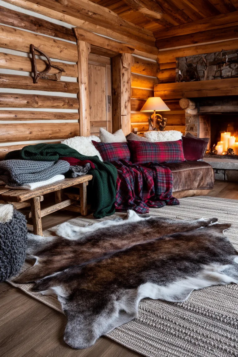 Cowhide layered over a flatweave rug beside a wooden bench