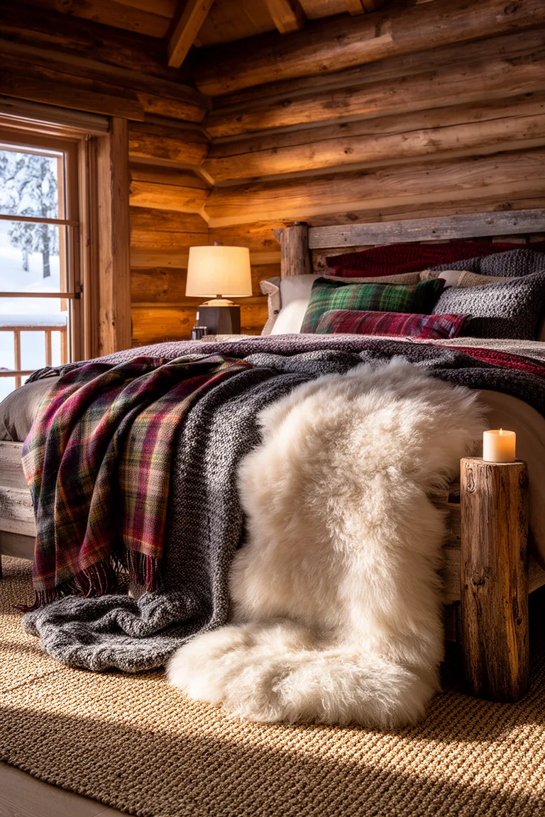 Soft sheepskin beside a bed over a jute base rug in morning light