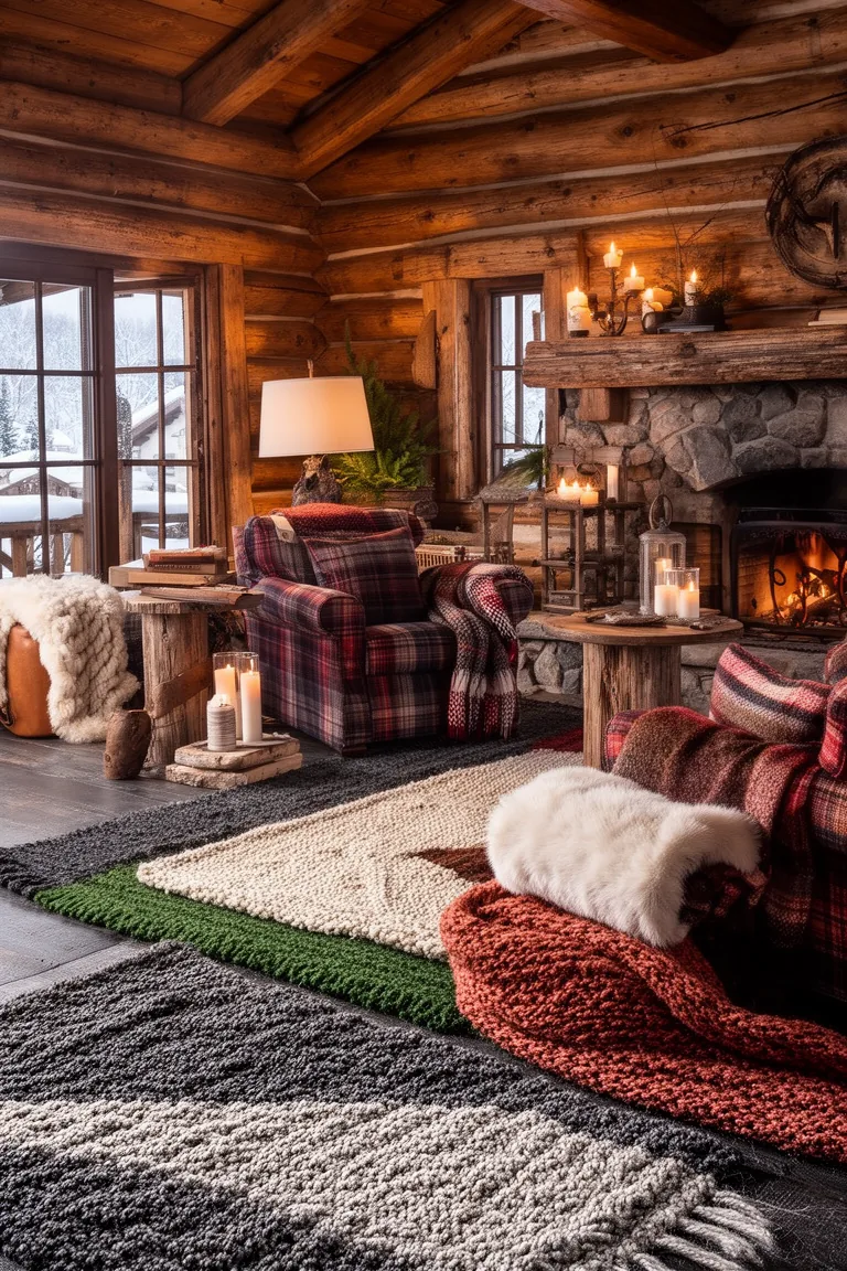 Layered rugs in oatmeal, charcoal, moss and rust warming a cabin floor