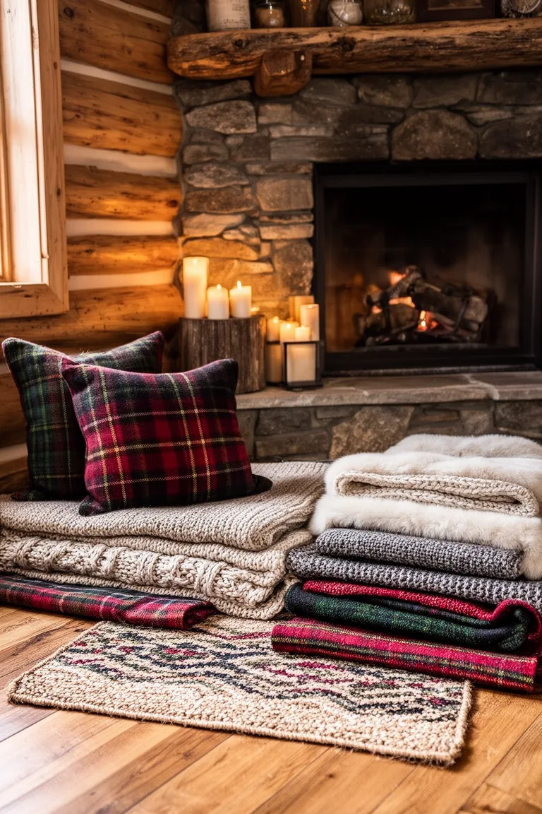 Stacked patterned wool and jute rugs near a hearth in warm winter light