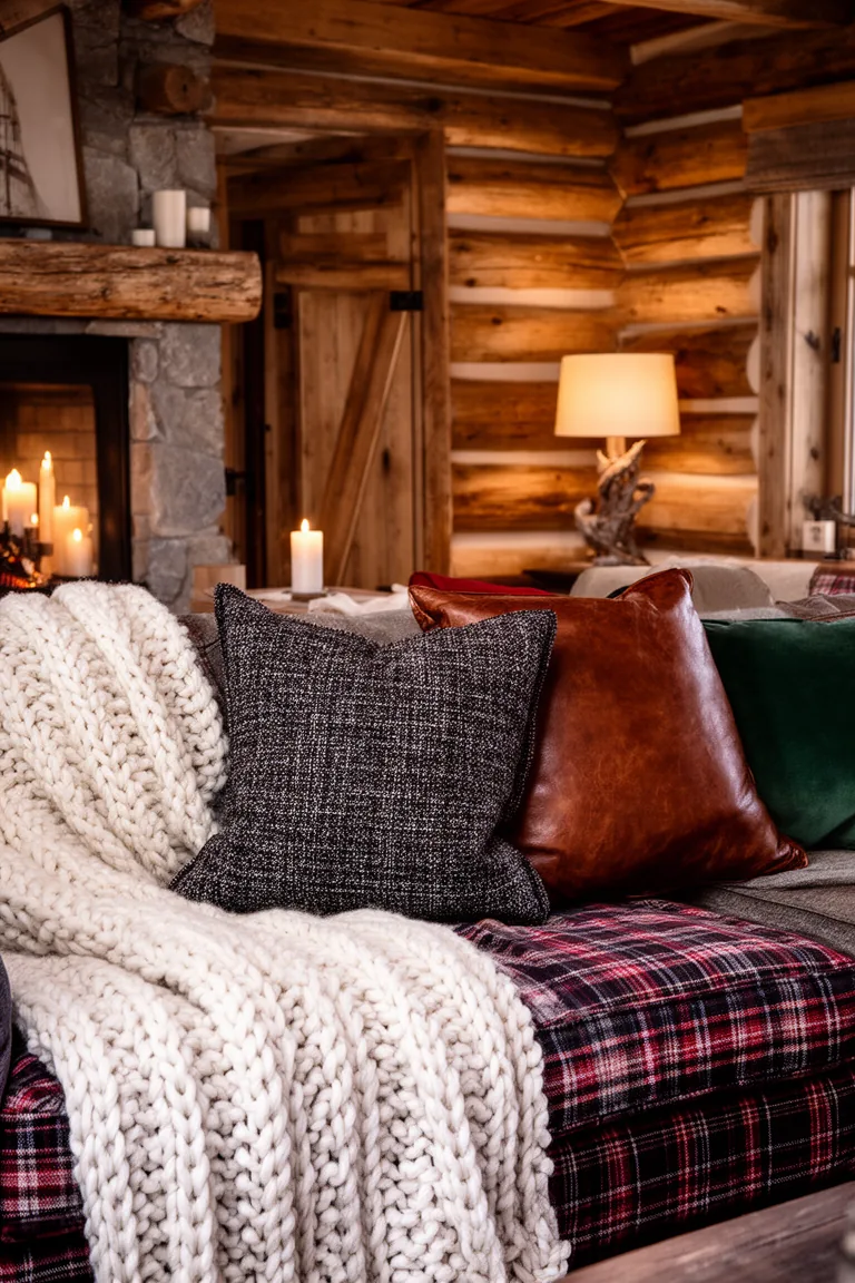 Chunky cream knit throw, charcoal tweed pillow and brown leather cushion on a cabin sofa