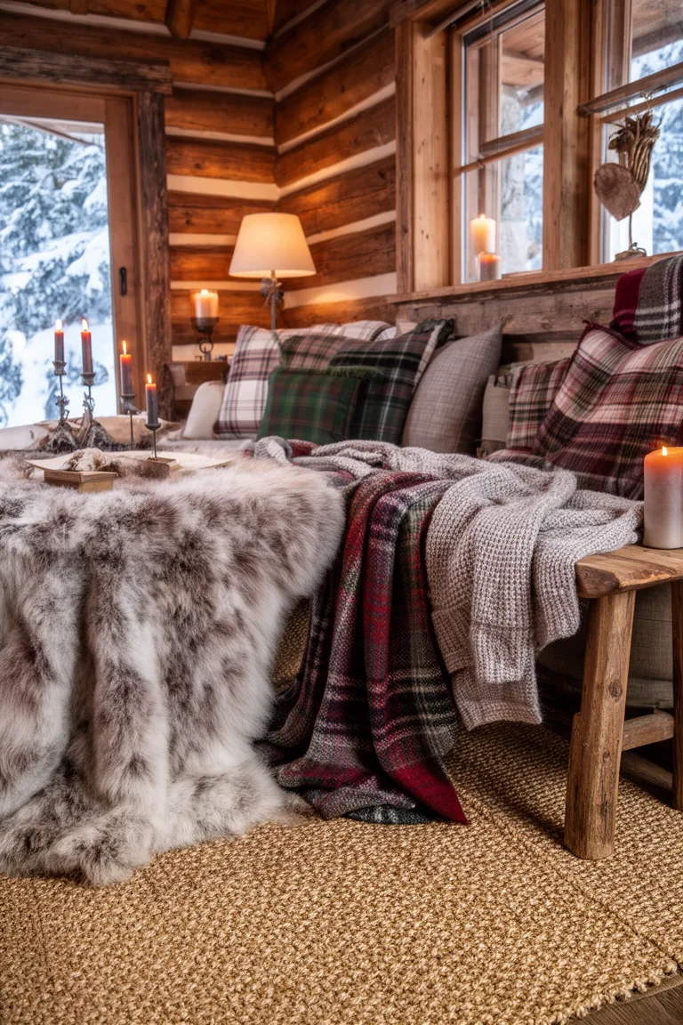 Shearling sheepskin draped over a wooden bench beside a jute rug