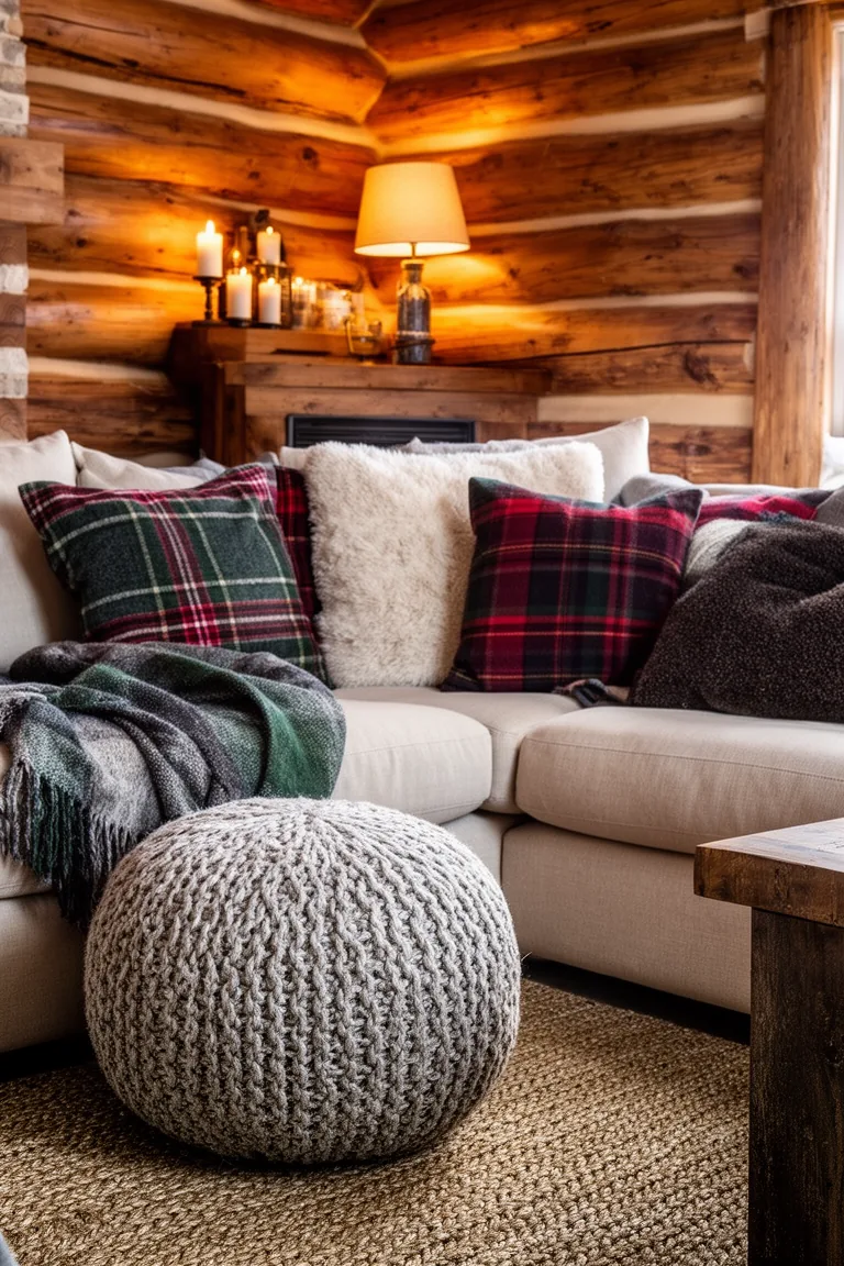 Felted wool pouf on a jute rug beside a sofa of flannel and wool pillows