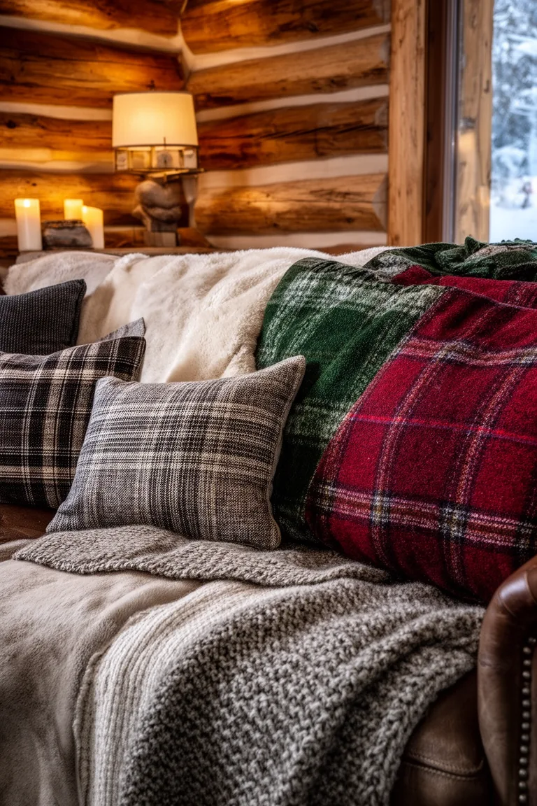 Mixed wool, plaid and linen textures in neutrals, green and red on a sofa